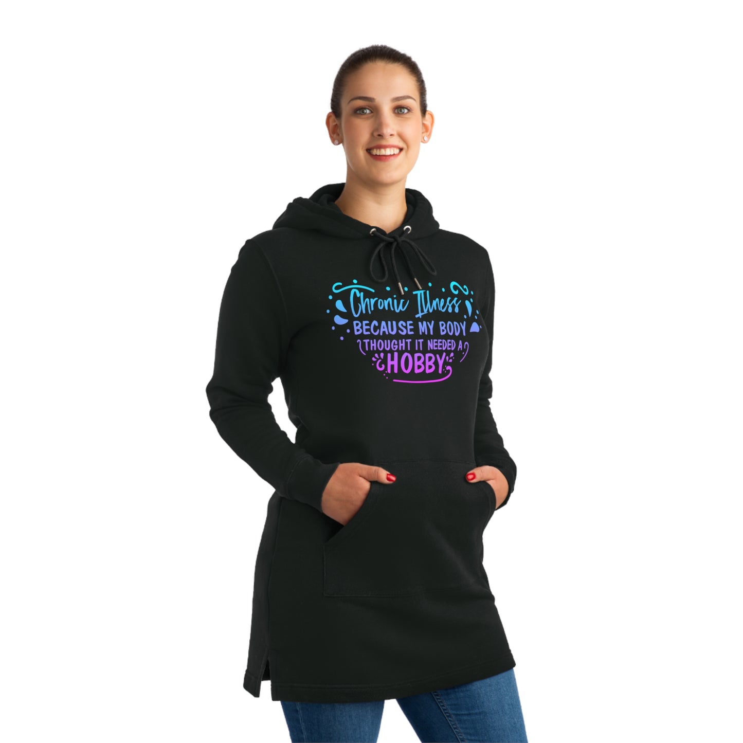 My Body Thought it Needed a Hobby, Women's Streeter Organic Hoodie Dress (Dark), Printed