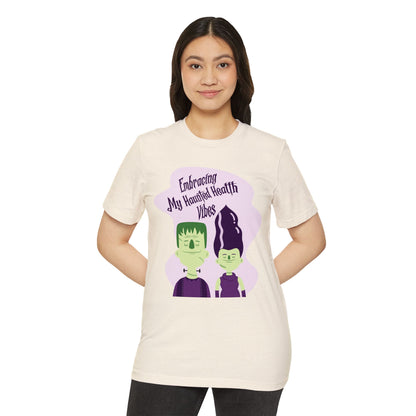 Embracing My Haunted Health Vibes, Unisex Organic Cotton T-shirt (Colorful), Printed